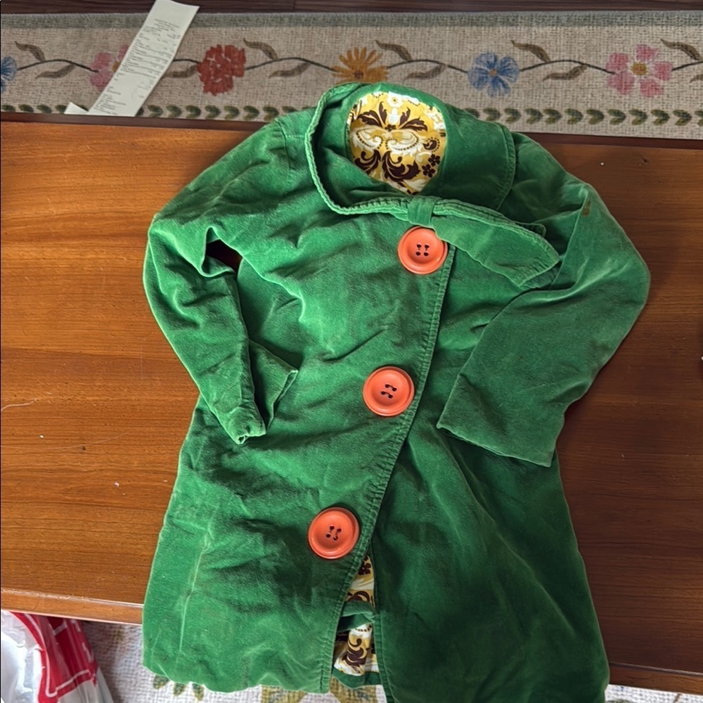 Girls Green Velvet Jacket with Orange Buttons